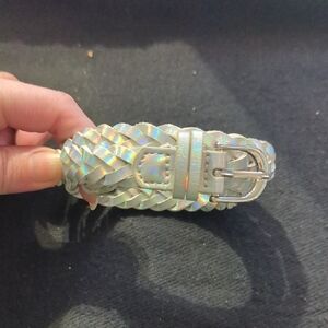 Silver Tone Iridescent Holographic Braided Faux Leather Skinny Statement Belt